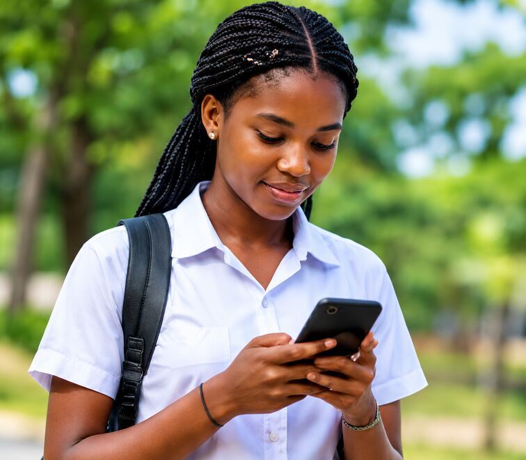 Étudiante GRME consultant son téléphone